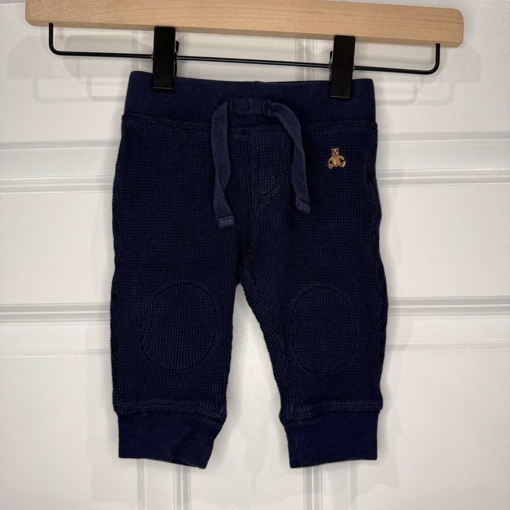 Baby Gap Navy Blue Waffle Knit Teddy Bear Logo Jogger Pants Sizs 3-6 Months